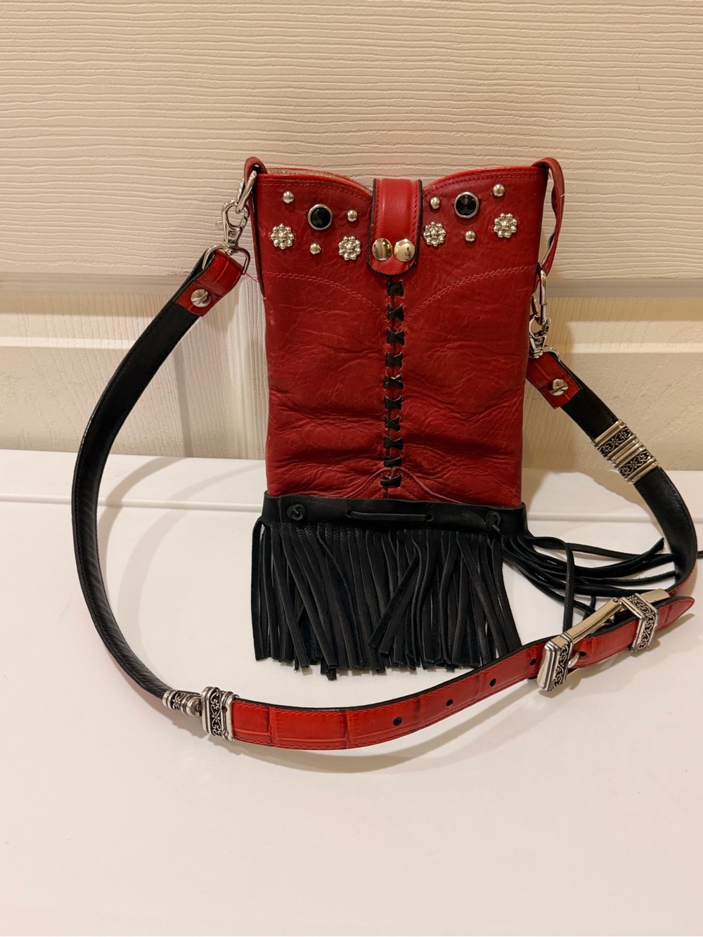Red and Black Fringe Studded Crossbody Bag